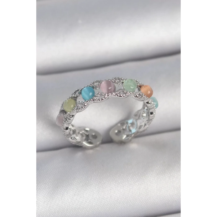 Pirinç Gümüş Renk Renkli Mineli Ayarlanabilir Kadın Yüzük