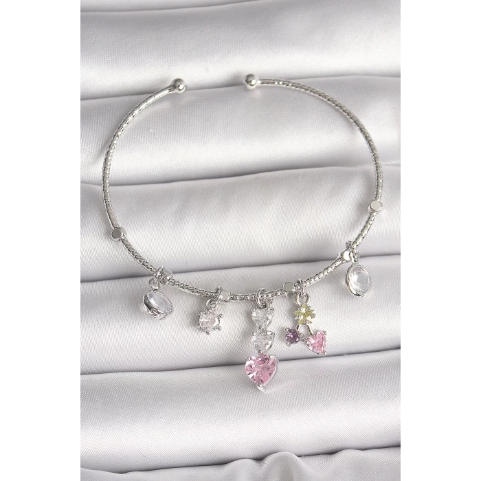 Pirinç Gümüş Renk Sallantı Zirkon Taşlı Kalp Figür Charm Kadın Bileklik