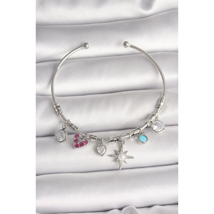 Pirinç Gümüş Renk Sallantı Zirkon Taşlı Kutup Yıldız Figür Kalp Detay Charm Kadın Bileklik