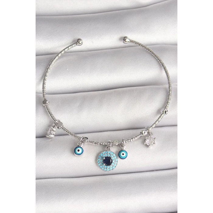 Pirinç Gümüş Renk Sallantı Zirkon Taşlı Nazar Boncuk Figür Charm Kadın Bileklik