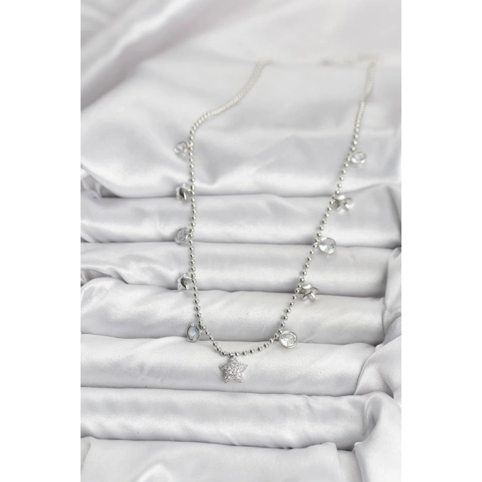 Pirinç Gümüş Renk Yıldız Model Kadın Kolye