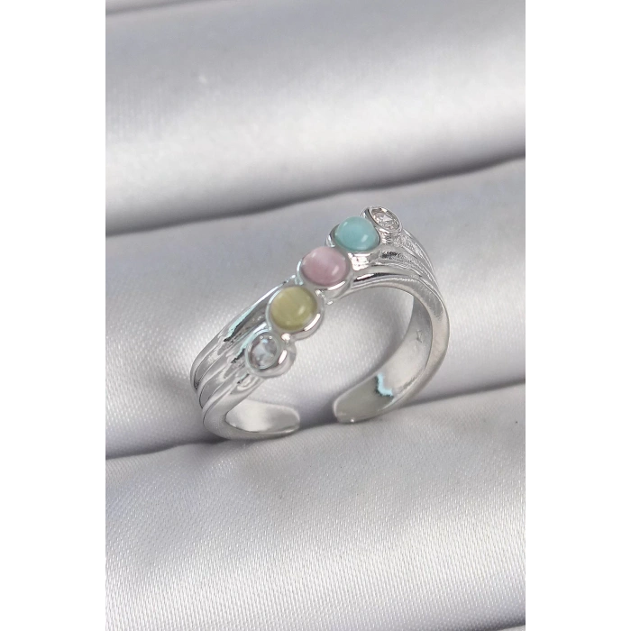 Pirinç Gümüş Renk Zirkon Taş Detaylı Renkli Mineli Ayarlanabilir Kadın Yüzük