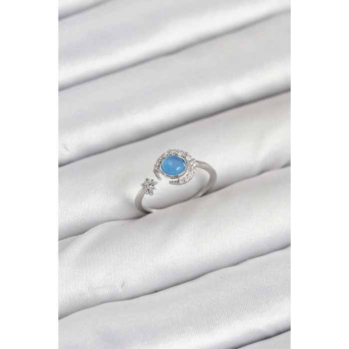 Pirinç Gümüş Renk Zirkon Taşlı Ay Yıldız Kadın Yüzük