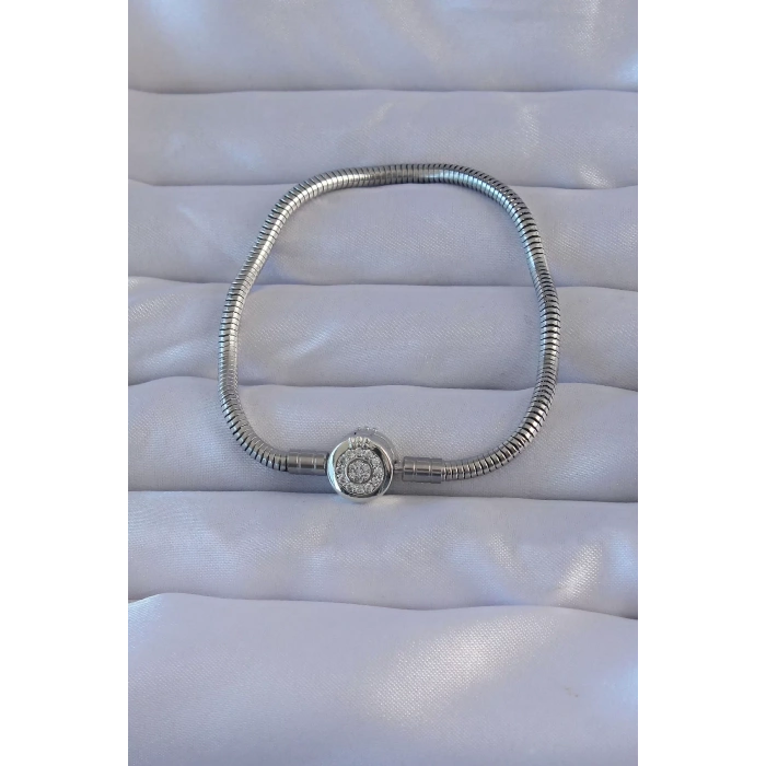 Pirinç Gümüş Renk Zirkon Taşlı Charm Bileklik