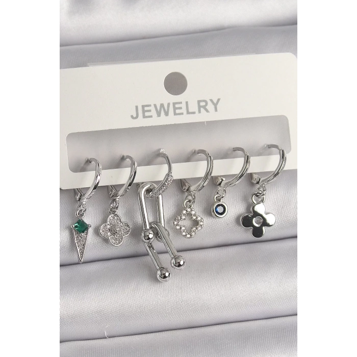 Pirinç Gümüş Renk Zirkon Taşlı Çoklu Figür Kadın Küpe Seti