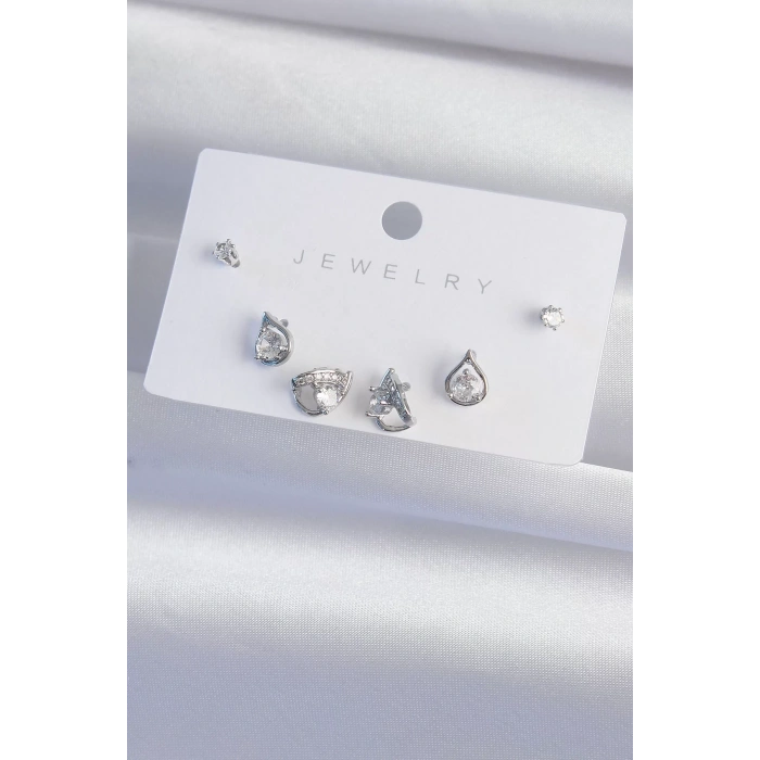 Pirinç Gümüş Renk Zirkon Taşlı Damla Model Küpe Seti