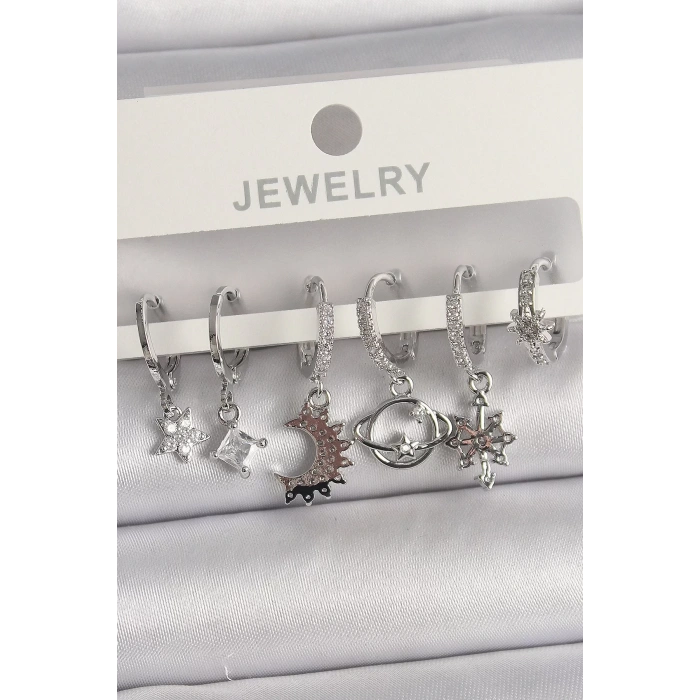 Pirinç Gümüş Renk Zirkon Taşlı Gezgen Model Kadın Küpe Seti