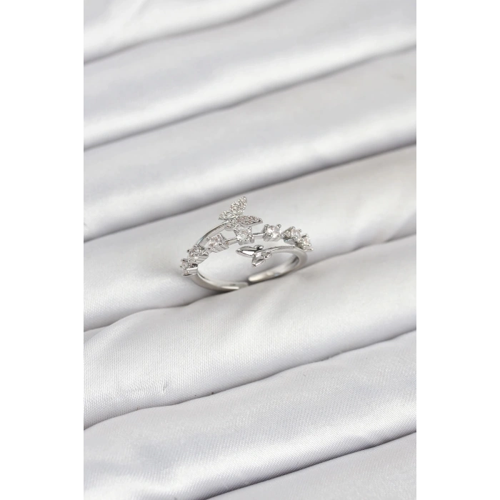 Pirinç Gümüş Renk Zirkon Taşlı Kelebek Model Kadın Yüzük