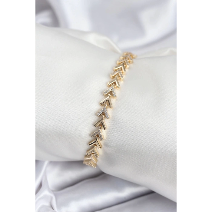 Pirinç VIP Seri Gold Zirkon Taşlı Balık Sırtı Model Kadın Bileklik