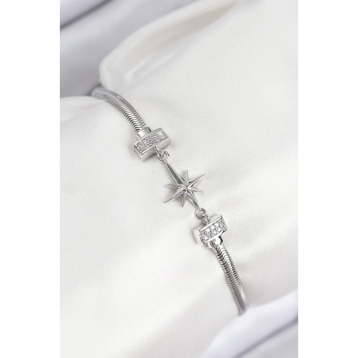 Pirinç Zirkon Taşlı Kutup Yıldızı Model Gümüş Renk Kadın Bileklik