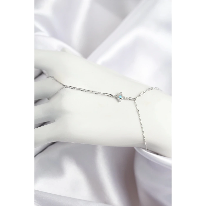 Pirinç Zirkon Taşlı Mavi Boncuklu Yonca Model Gümüş Renk Şahmeran