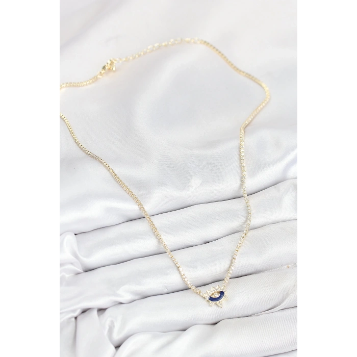 Pirinç Zirkon Taşlı Su Yolu Göz Model Gold Renk Kadın Kolye