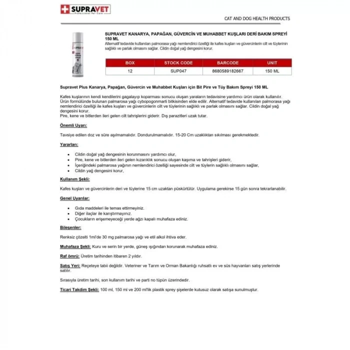 Supravet Kanarya Papağan Güvercin ve Muhabbet Kuşları Deri Bakım Spreyi 150 Ml