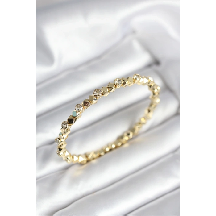 Zirkon Taşlı Küp Şerit Model Pirinç Gold Renk Kadın Bileklik