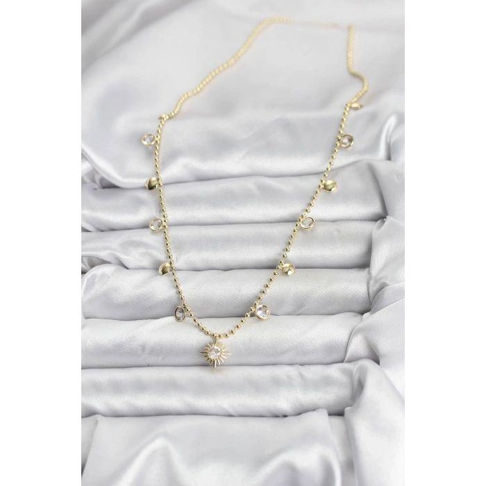 Zirkon Taşlı Kutup Yıldızı Model Pirinç Gold Renk Kadın Kolye