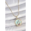316L Çelik Gold Renk Zincir Mavi Mineli İnci Çiçek İşlemeli Zirkon Taş Detaylı Madalyon Model Kadın Kolye