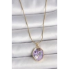 316L Çelik Gold Renk Zincir Mor Çiçek İşlemeli İnci Detay Portre Model Kadın Kolye