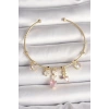 Pirinç Gold Renk Sallantı Zirkon Taşlı Kalp Figür Pembe Kalp Detay Charm Kadın Bileklik