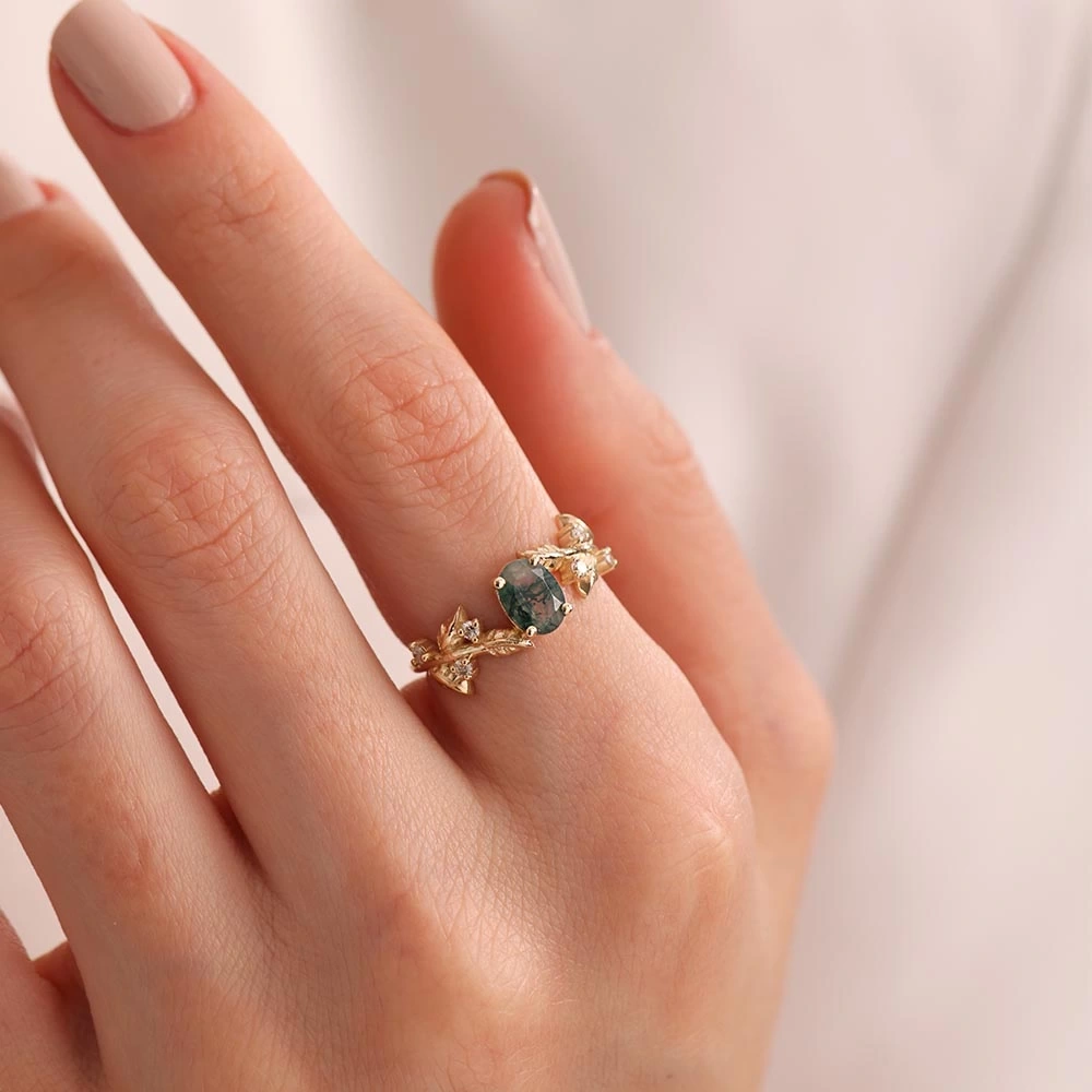 0.82 CT Moss Agate & Pırlanta Yüzük