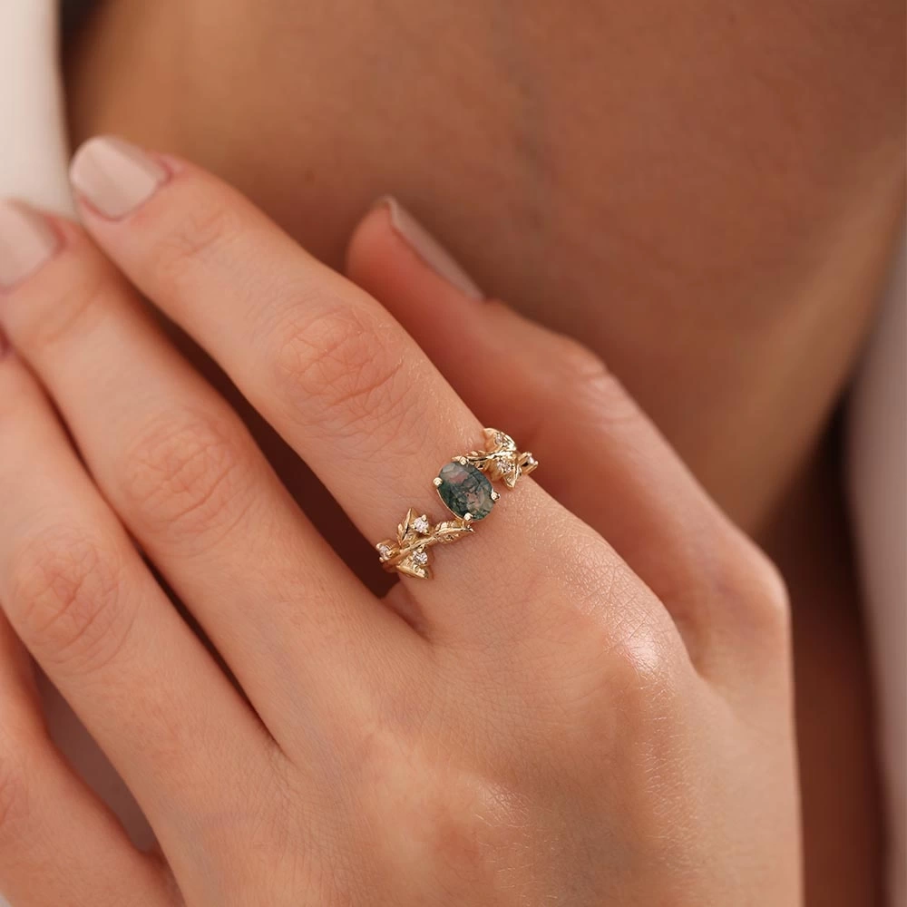 0.82 CT Moss Agate & Pırlanta Yüzük