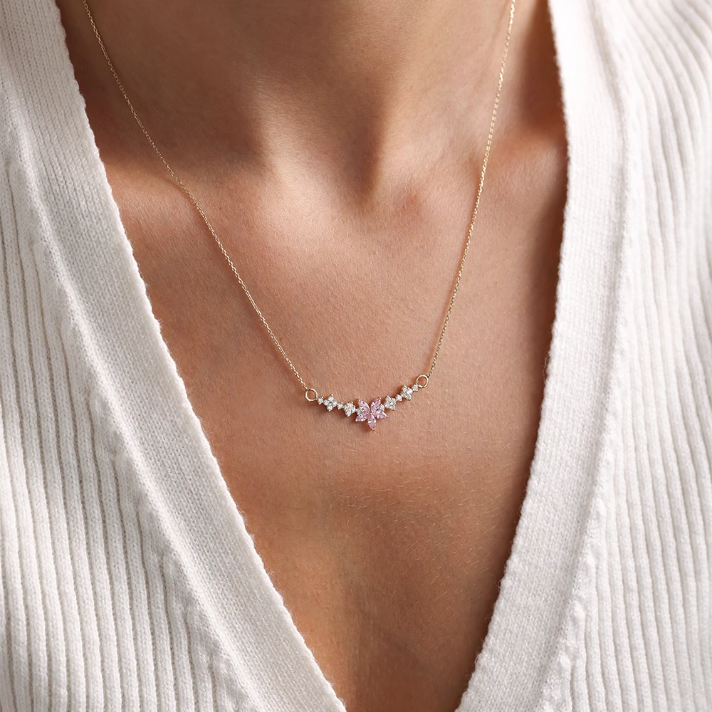 0.90 Ct Pink Çiçek Pırlanta Kolye