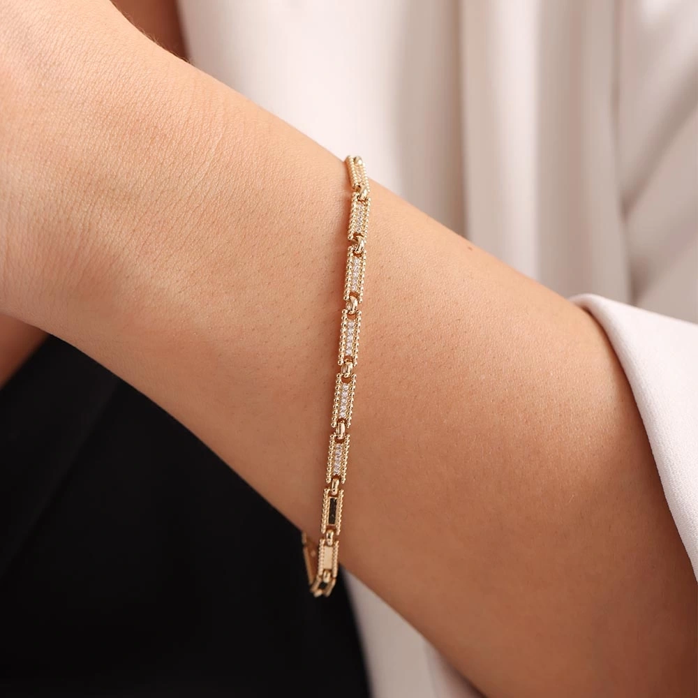 Taşlı Plaka 14 Ayar Altın Bileklik