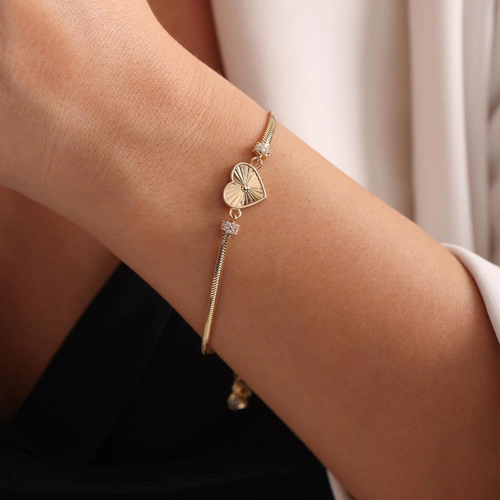 Aynalı Kalp 14 Ayar Altın Bileklik