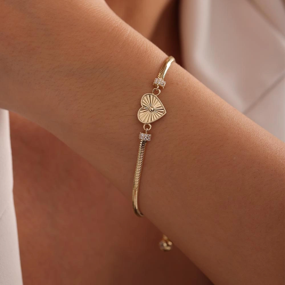 Aynalı Kalp 14 Ayar Altın Bileklik