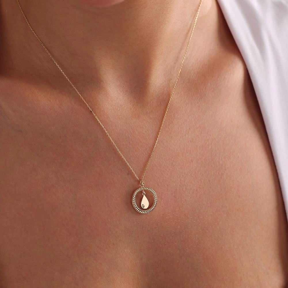 Taşlı Damla 14 Ayar Altın Kolye