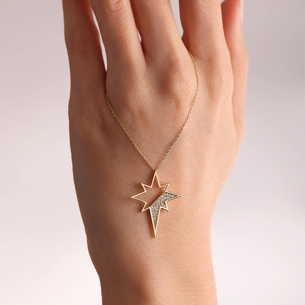 Taşlı Kutup Yıldızı 14 Ayar Altın Kolye