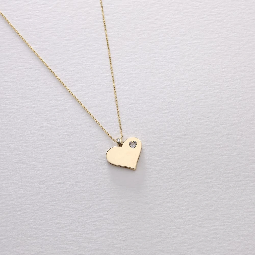 Tek Taşlı Kalp 14 Ayar Altın Kolye