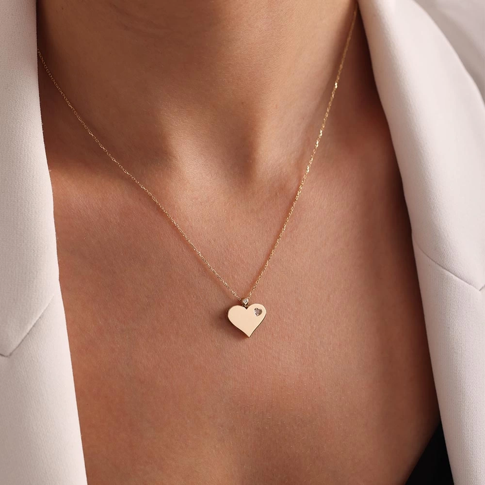 Tek Taşlı Kalp 14 Ayar Altın Kolye