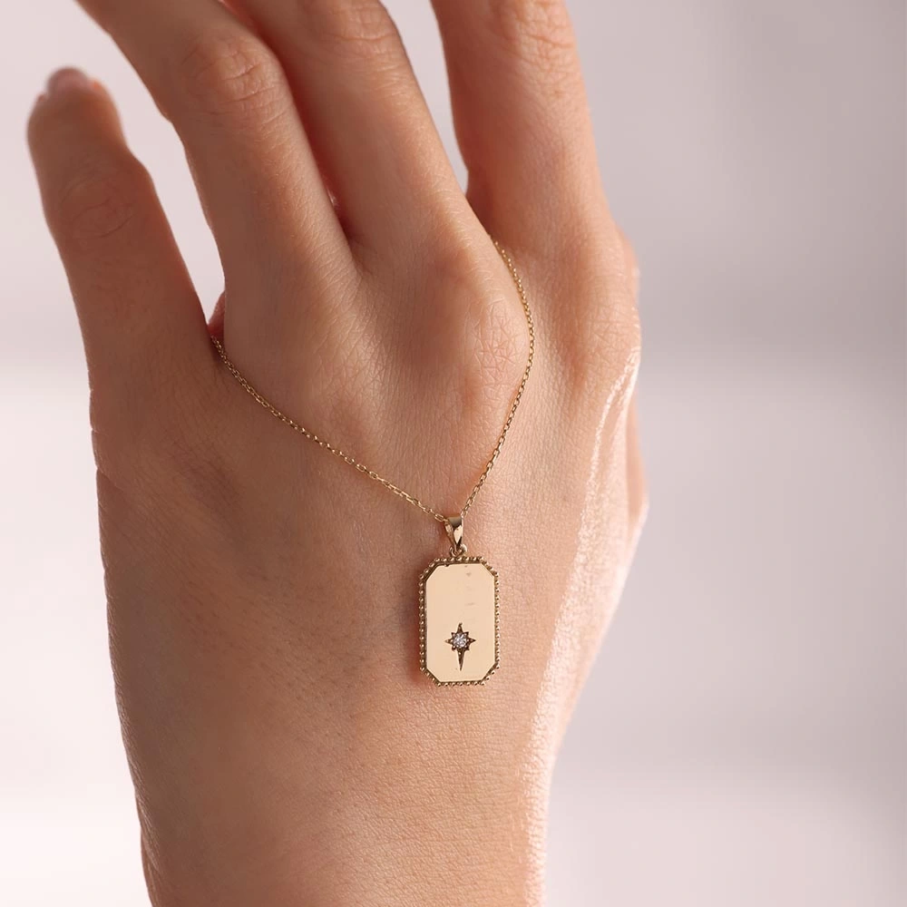 Kutup Yıldızı Plaka 14 Ayar Altın Kolye