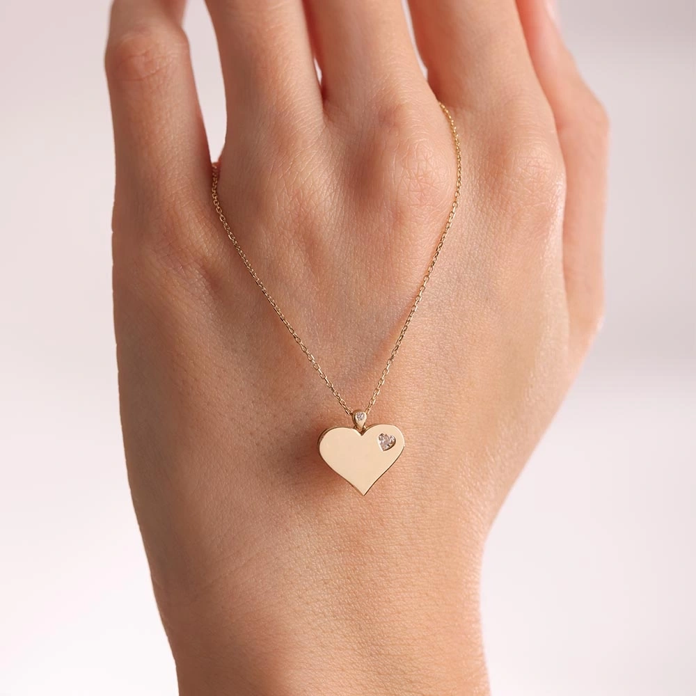 Tek Taşlı Kalp 14 Ayar Altın Kolye