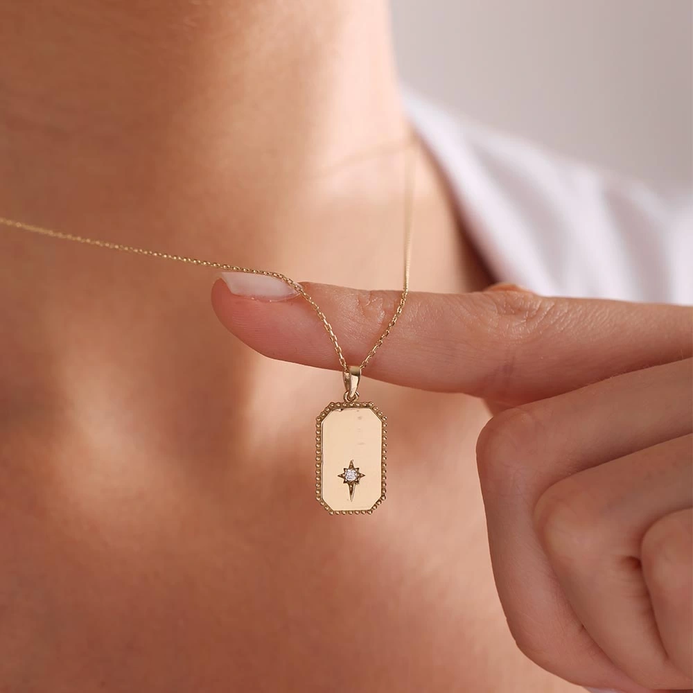 Kutup Yıldızı Plaka 14 Ayar Altın Kolye