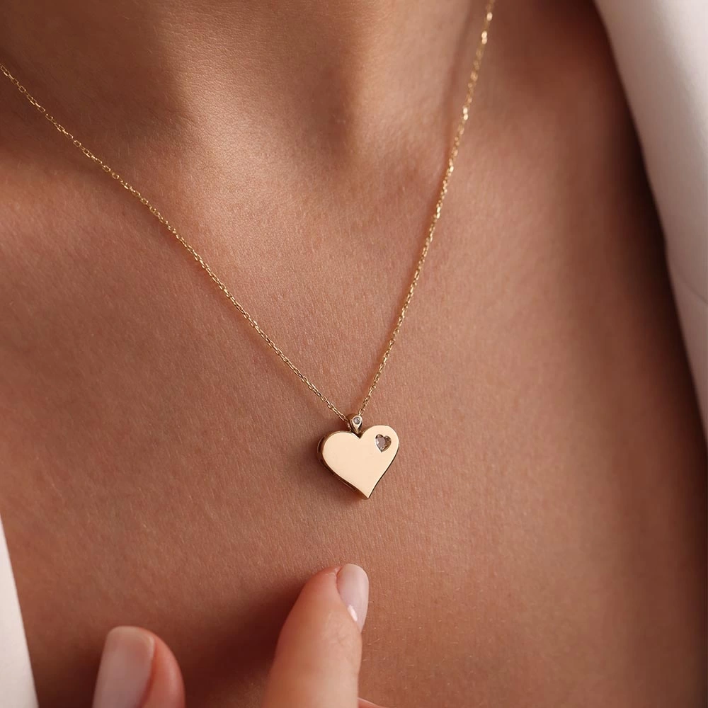 Tek Taşlı Kalp 14 Ayar Altın Kolye