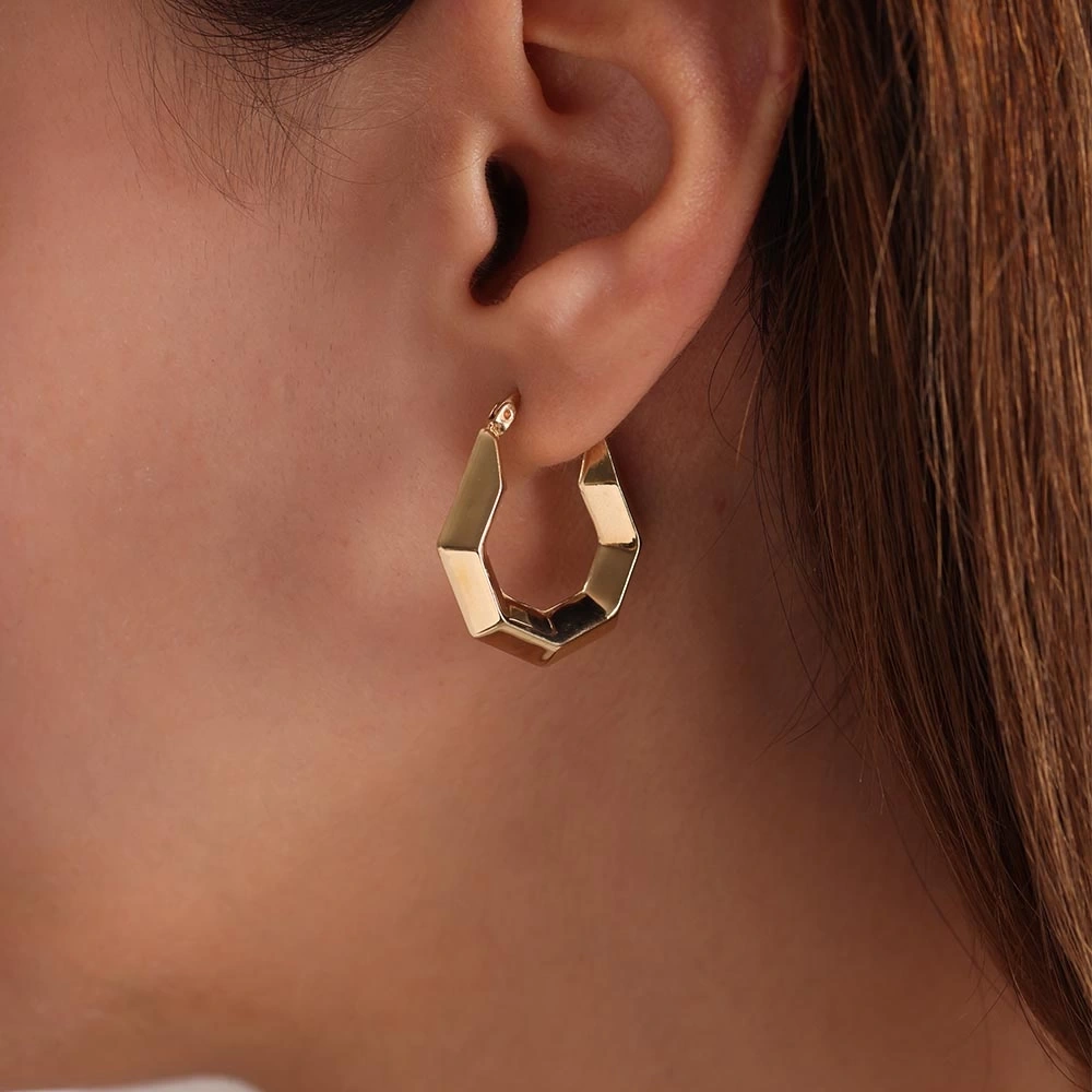 Retro Bomb Altıgen 14 Ayar Altın Küpe