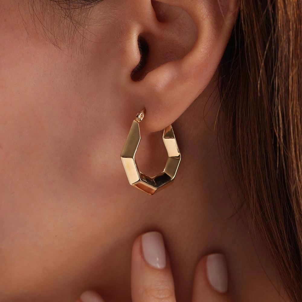 Retro Bomb Altıgen 14 Ayar Altın Küpe