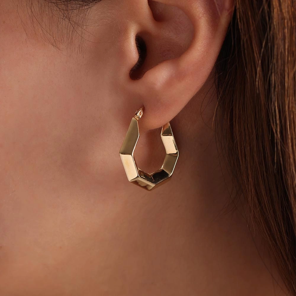 Retro Bomb Altıgen 14 Ayar Altın Küpe