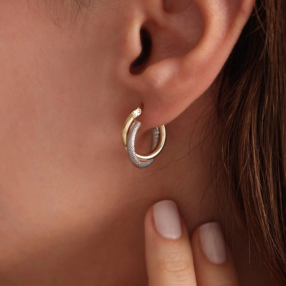 2 Renkli Halka 14 Ayar Altın Küpe