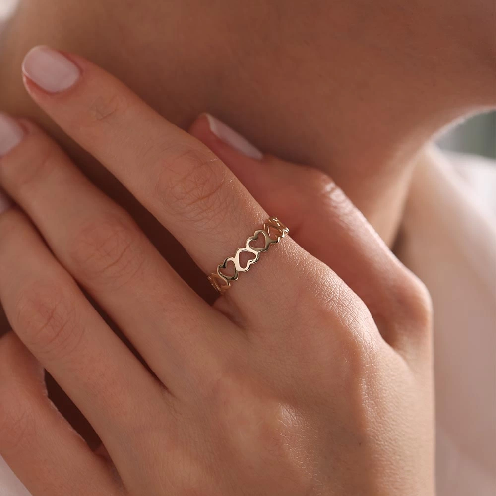 Kalp Sıralı 14 Ayar Altın Yüzük