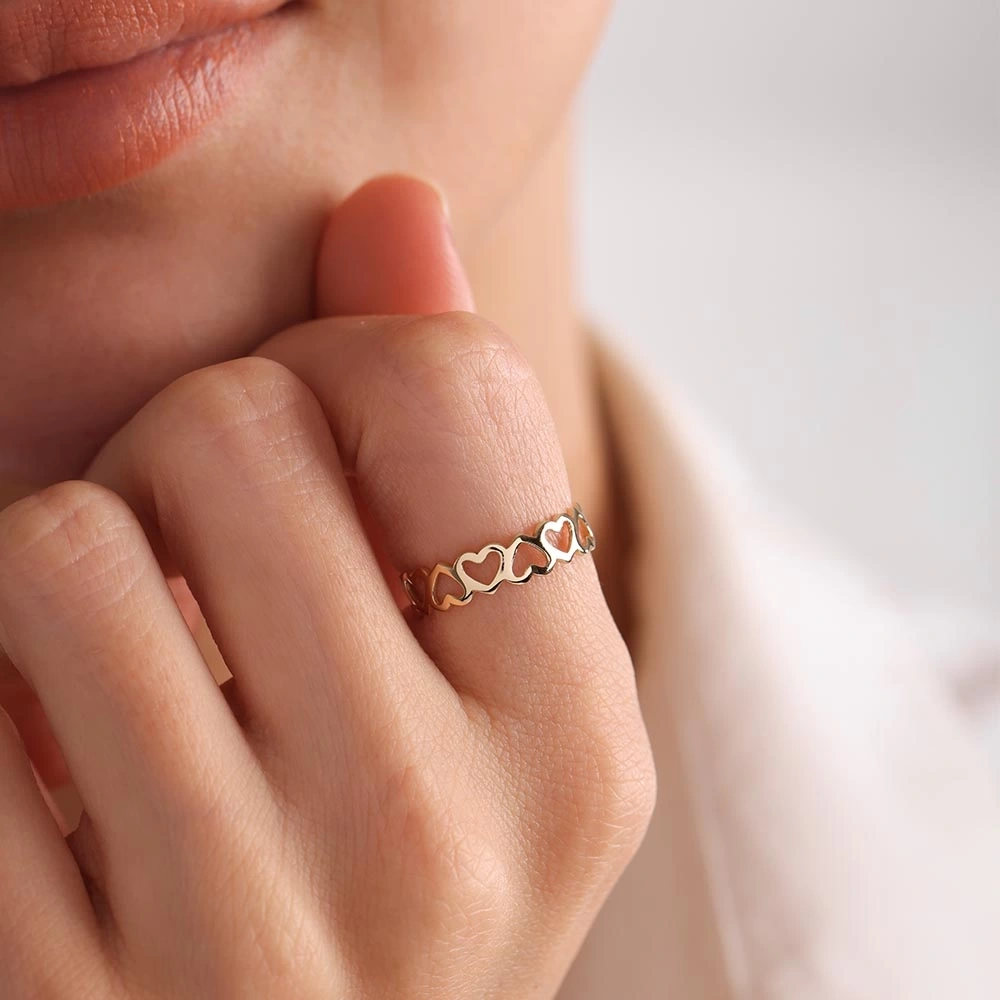 Kalp Sıralı 14 Ayar Altın Yüzük