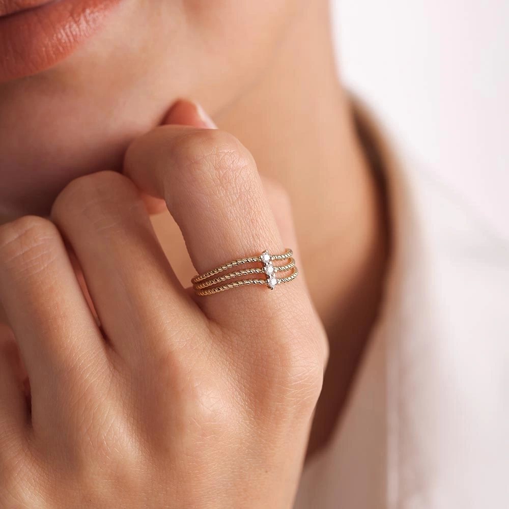 3 Taşlı Burgu 14 Ayar Altın Yüzük