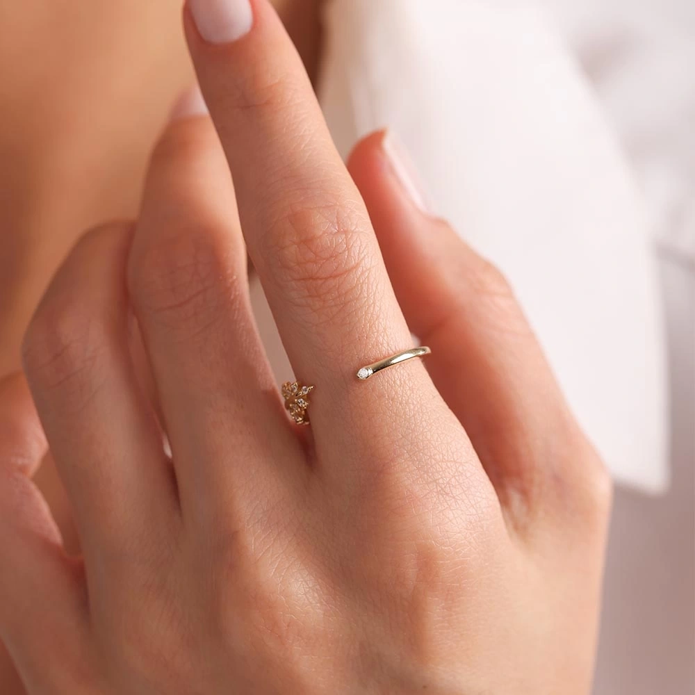 Taşlı Yaprak 14 Ayar Altın Yüzük