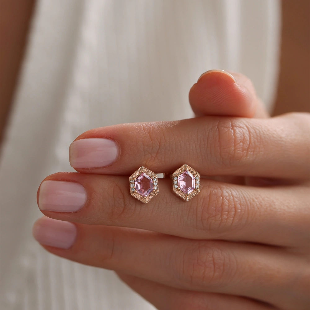 1.68 CT Pembe Topaz & Pırlanta Küpe