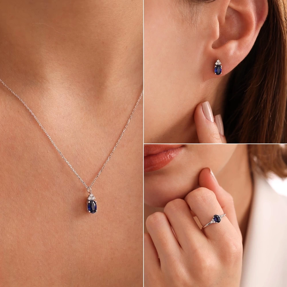 2.85 CT Tasarım Safir & Pırlanta Set