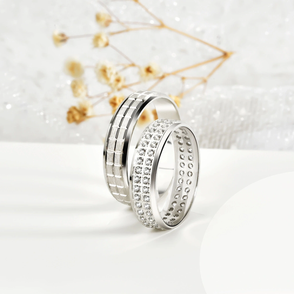 Çift Sıra Taşlı Köşeli Alyans