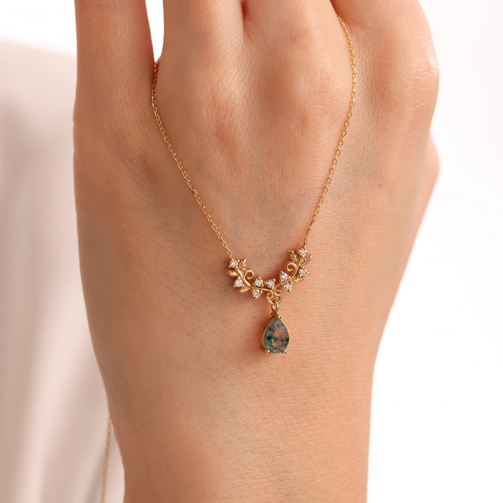 0.95 CT Moss Agate & Pırlanta Kolye