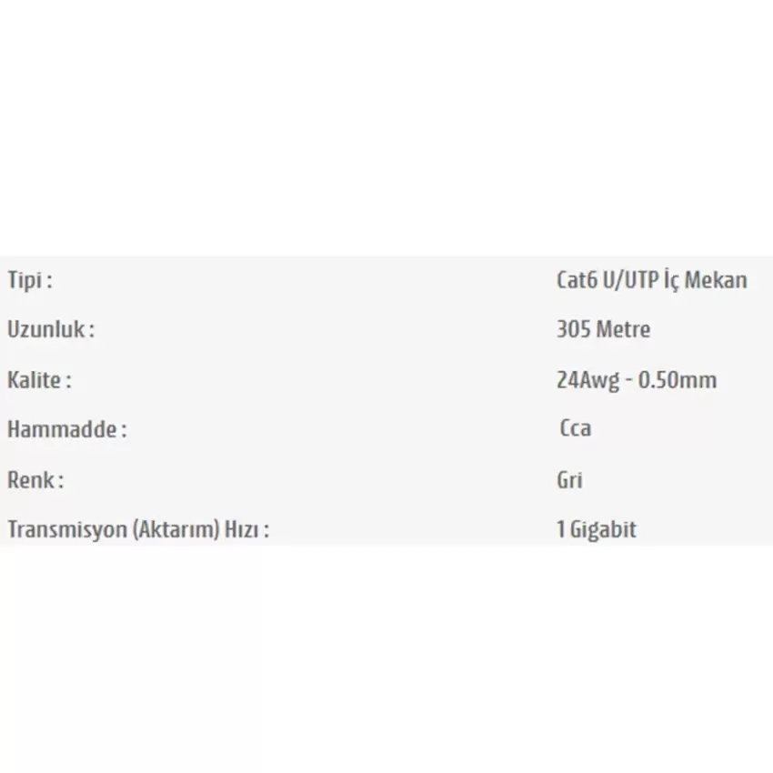 Pars Power 24 Awg 0.50 mm 305m Network Cat 6 U/UTP İç Mekan Data Kablosu