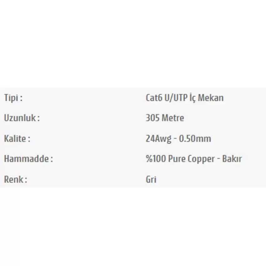 Pars Power 24Awg 0.50mm %100 Bakır 305m Network Cat 6 U/UTP İç Mekan Data Kablosu